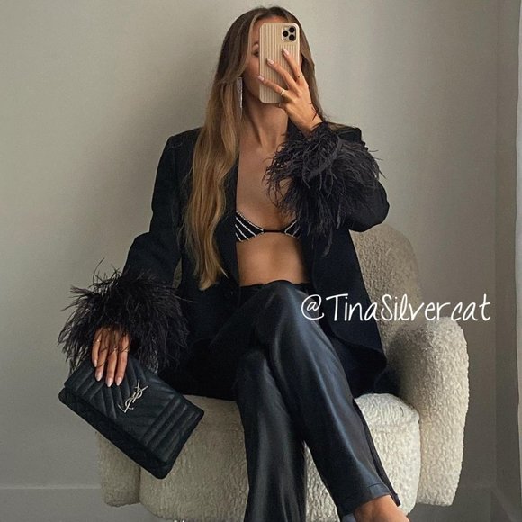 BLOGGER'S FAVE! Zara Feather Trim Pocket Blazer Black NWT - Picture 1 of 17